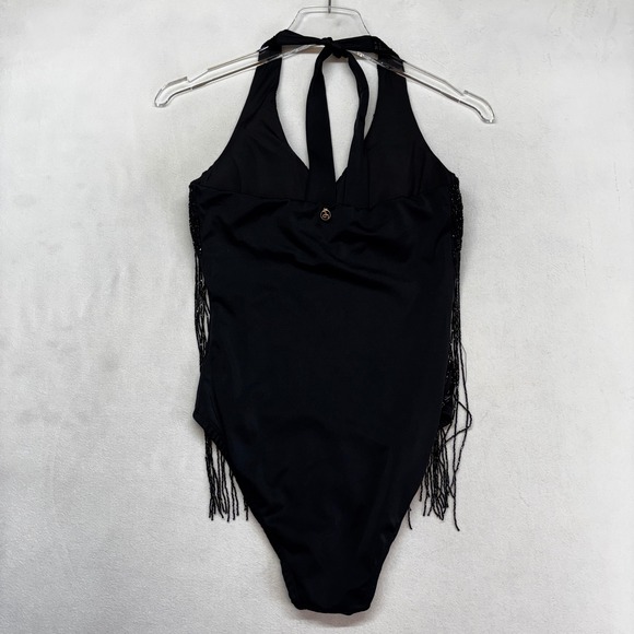 Amita Naithani Tops - Amita Naithani Black Fringe Halter suit Size 6 Lace Trim Festival Boho